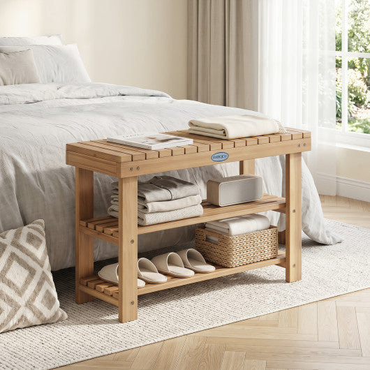3-Tier Solid Wood Shoe Rack Bench with Slatted Shelves-M