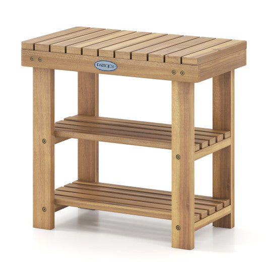 3-Tier Solid Wood Shoe Rack Bench with Slatted Shelves-S