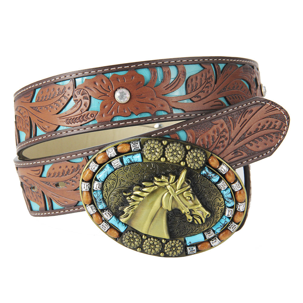 TOPACC Western Turquoise Belts - Turquoise Horse Belt Buckle Copper/Bronze
