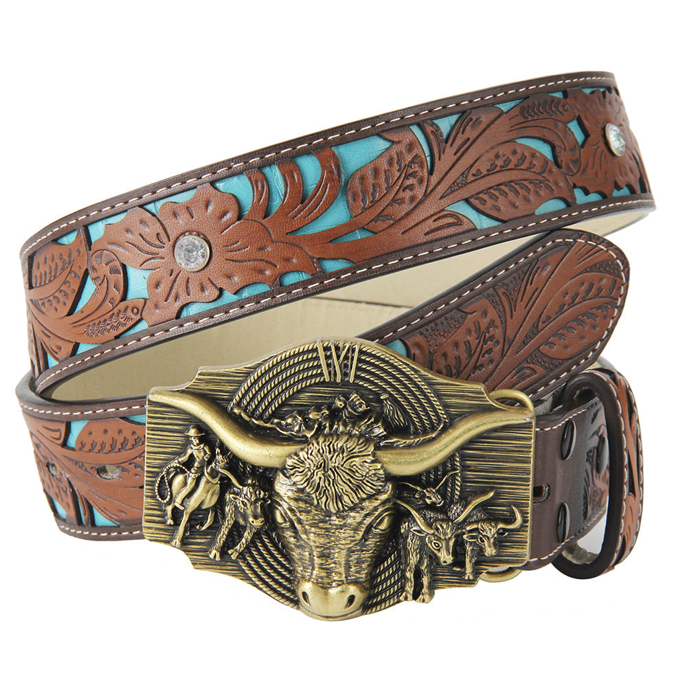 TOPACC Western Turquoise Belts - Longhorn Cow Belt Buckle Horseback Riding Copper/Bronze