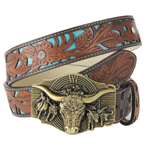 TOPACC Western Turquoise Belts - Longhorn Cow Belt Buckle Horseback Riding Copper/Bronze - Gifts for You 'n Me