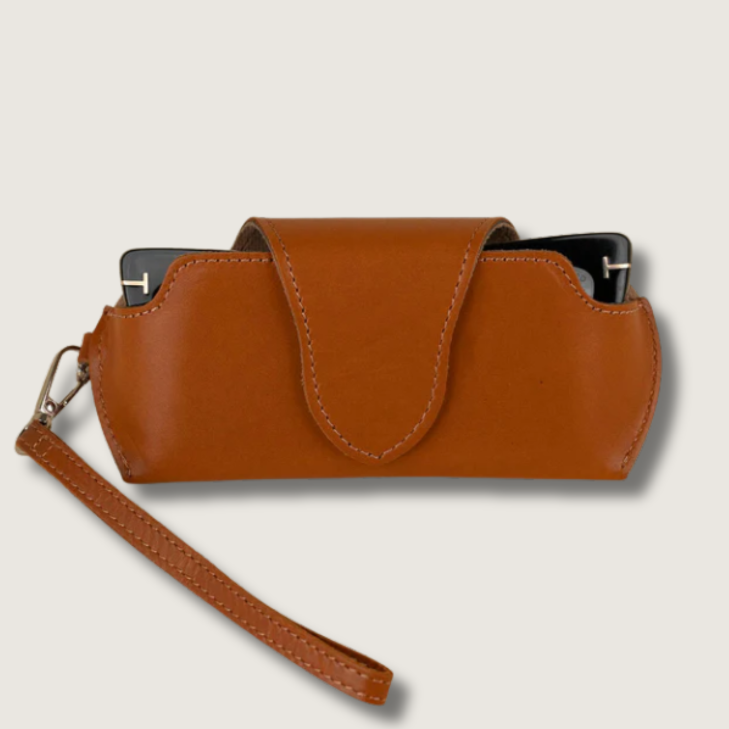 Leather Sunglass Case with Wrist Strap - Medium Brown - Denver