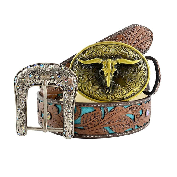 TOPACC Western Turquoise Belts - Longhorn Cow Bull Belt Buckle Copper/Bronze - Gifts for You 'n Me