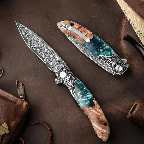 Raven VG10 Damascus Pocket Knife with Olive Burl Wood & Resin Handle - Gifts for You 'n Me
