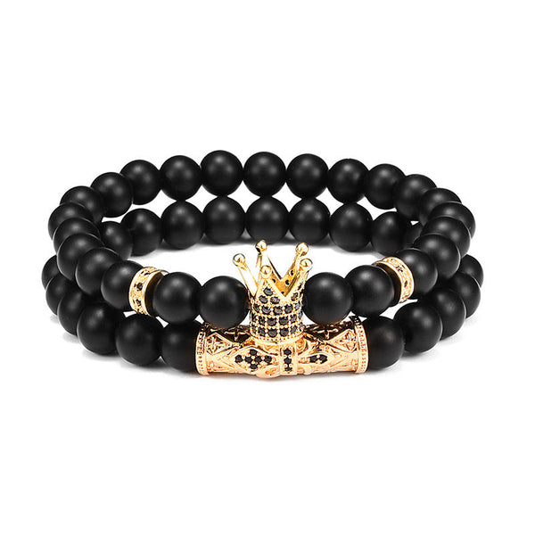 Lava Stone Combination Cubic Zircon Beads Bracelet Natural Red Tiger Eye Black Matte Onyx Stone Crown King Beads Bracelet For Men Women Fashion Charm Zircon Head Elastic Adjustable Bracelet Set Luxury Design