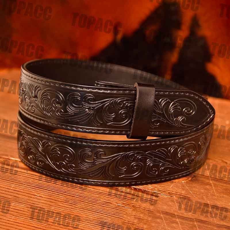 TOPACC Western Genuine Black Leather Pattern Tooled Belt