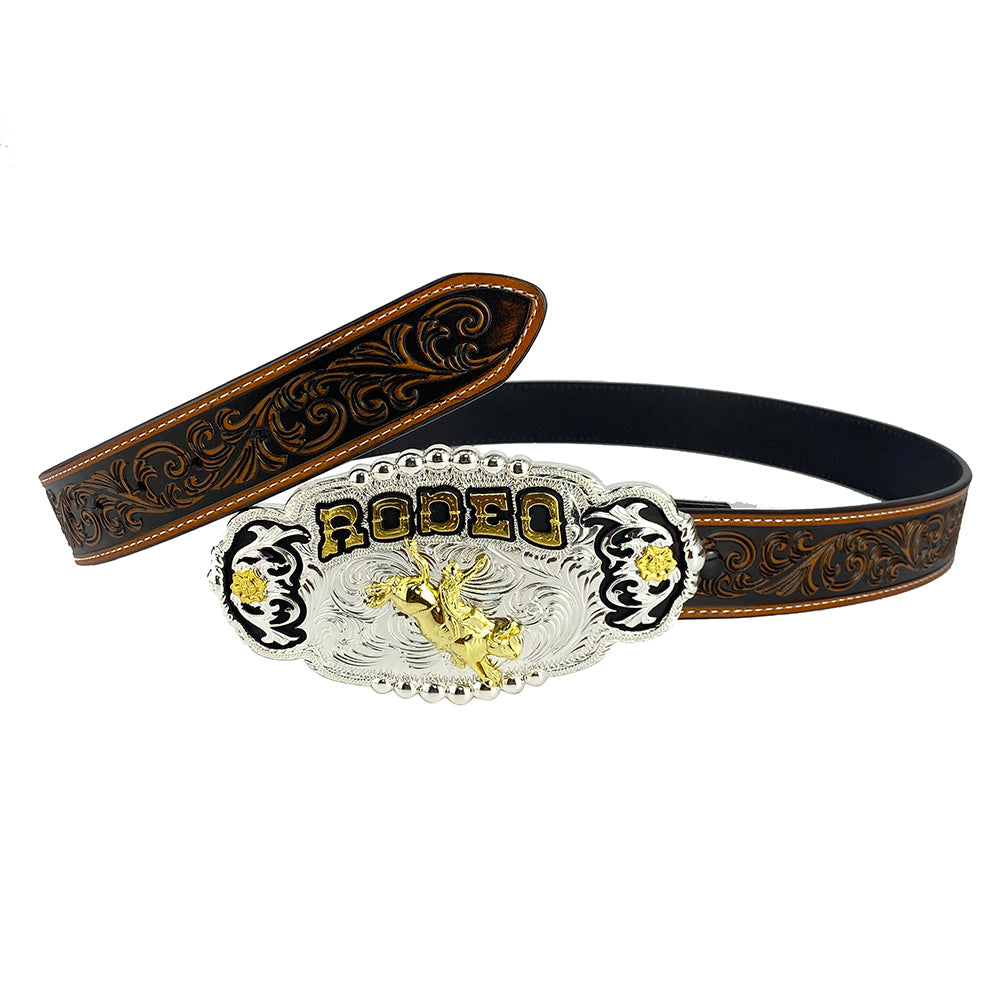 TOPACC Western Genuine Leather Pattern Tooled Belt - Rodeo Engraved Flower Belt Buckle