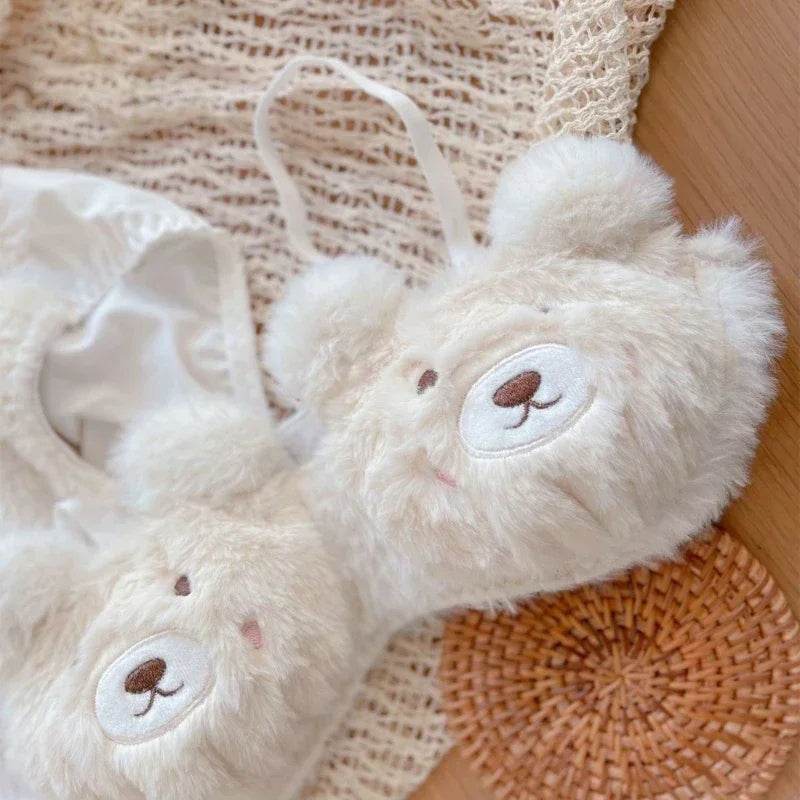 Women’s 2Pcs Furry Bra and Panty Set – Bear Pattern Fuzzy Plush Wireless Lingerie