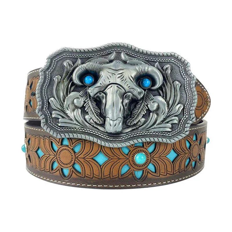 TOPACC Western Turquoise Belts - Square Turquoise Bull Head Buckle Copper/Bronze - Gifts for You 'n Me