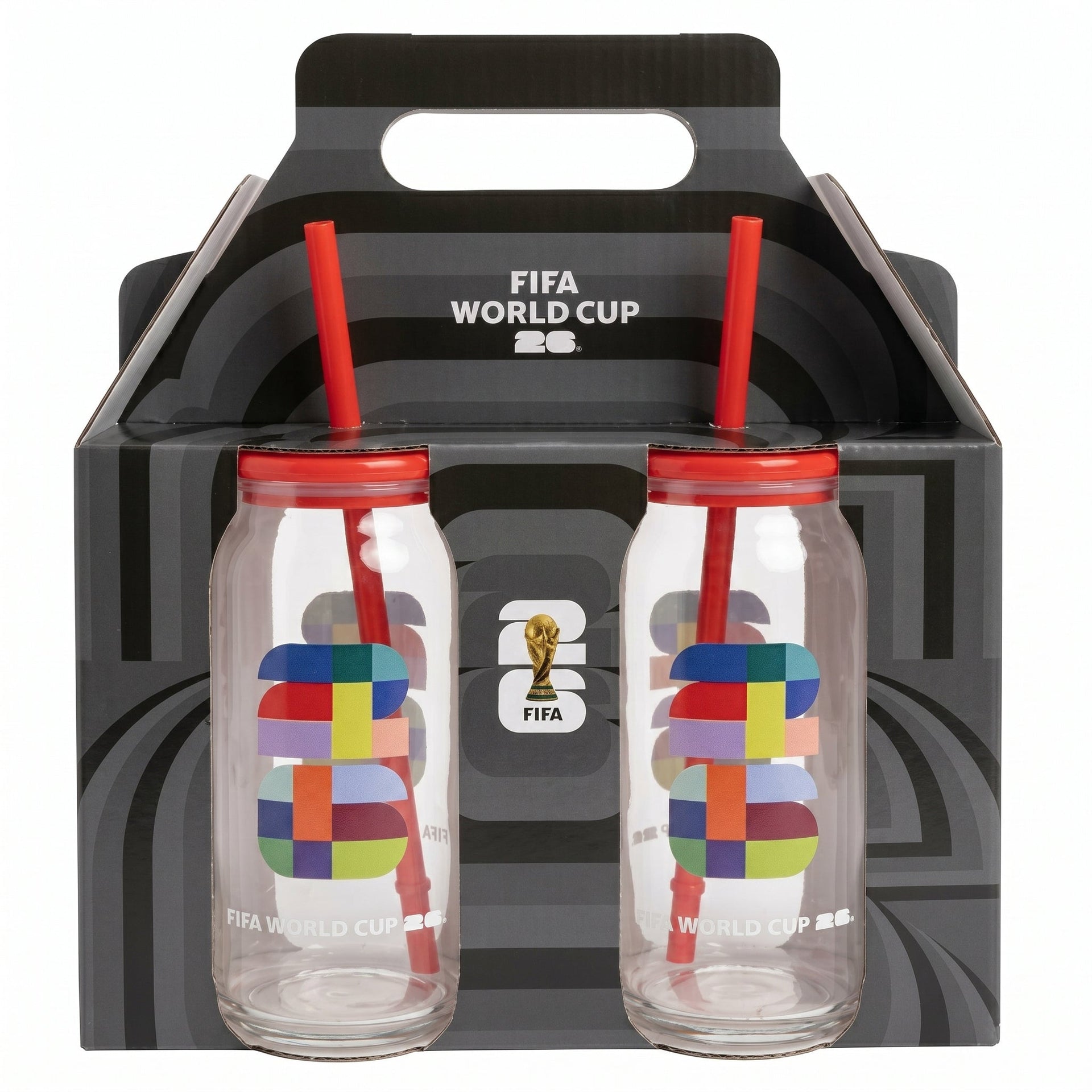 FIFA World Cup Trophy Set of 2 Glass Sippers with Lid and Straw