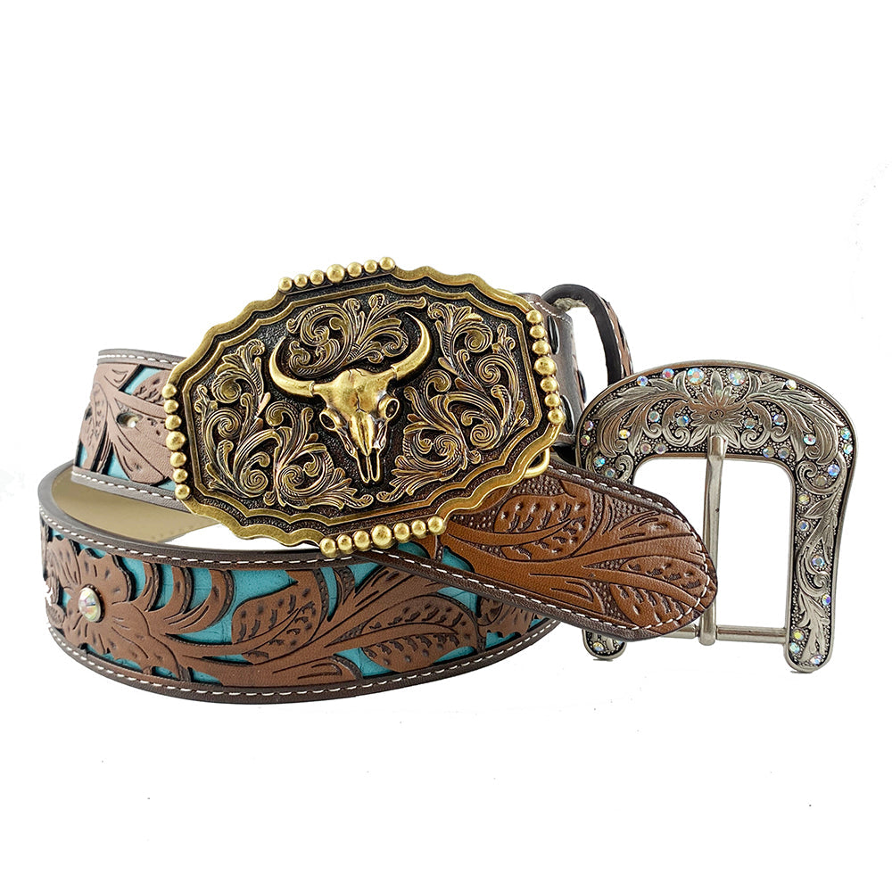 TOPACC Western Turquoise Belts - Copper Longhorn Cow Pattern Belt Buckle
