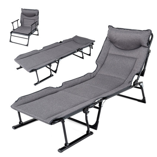 3 in 1 Folding Camping Cot Comfy Padded Convertible Single Sofa Chair-Gray