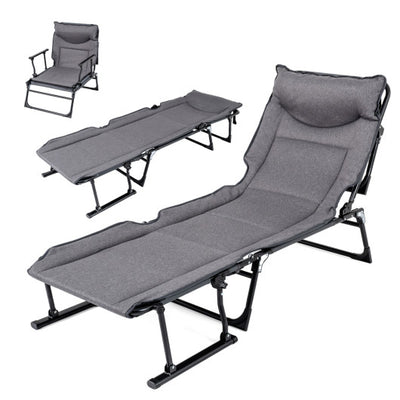 3 in 1 Folding Camping Cot Comfy Padded Convertible Single Sofa Chair-Gray