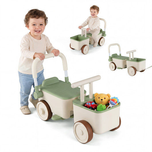 3-in-1 Kids Ride On Push Car with Rope and Storage Basket-Green