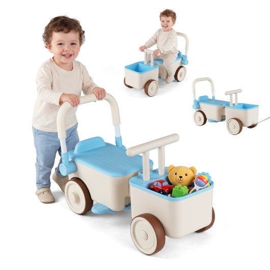 3-in-1 Kids Ride On Push Car with Rope and Storage Basket-Blue