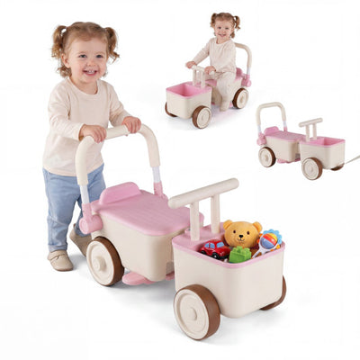 3-in-1 Kids Ride On Push Car with Rope and Storage Basket-Pink