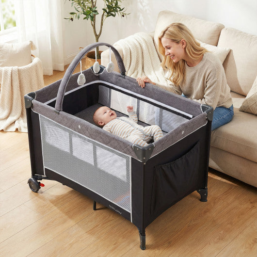3-in-1 Portable Baby Crib and Playpen with Changing Table-Gray