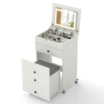 3-in-1 Small Vanity Desk Set with Flip-top Mirror and Lights with Drawers and Stool-White