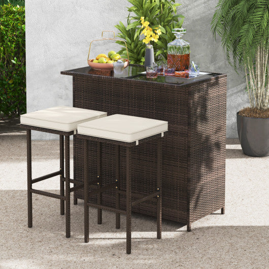 3-piece Rattan Wicker Bar Table Stools Dining Set Cushioned Chairs