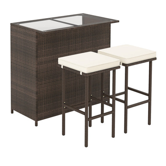 3-piece Rattan Wicker Bar Table Stools Dining Set Cushioned Chairs