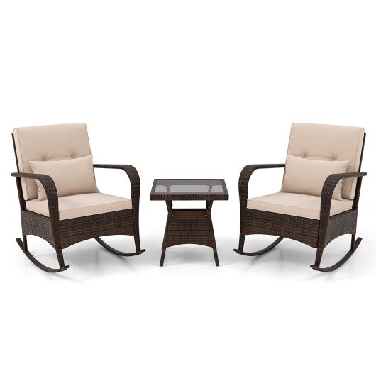 3 Piece Outdoor Rocking Set with Tempered Glass Coffee Table for Backyard Poolside-Brown