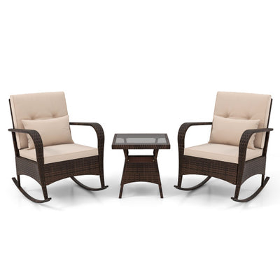 3 Piece Outdoor Rocking Set with Tempered Glass Coffee Table for Backyard Poolside-Brown