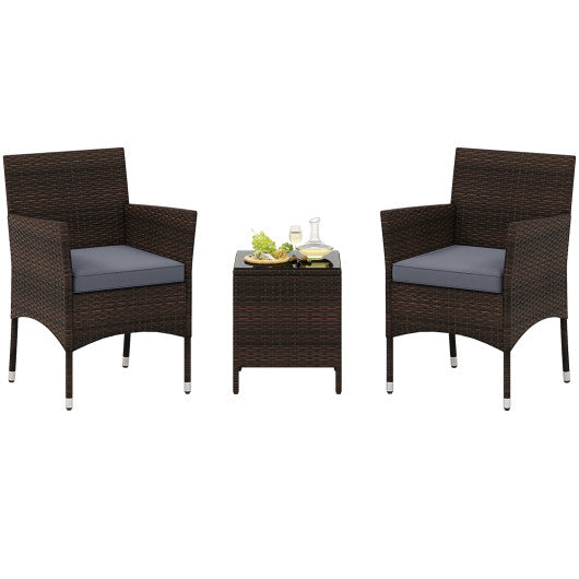 3 Pieces Outdoor Conversation Set with Cushioned Seat and Glass Tabletop-Gray