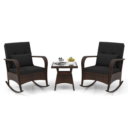 3 Pieces Outdoor Rocking Set with Tempered Glass Coffee Table for Backyard Poolside-Black