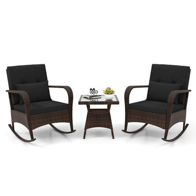 3 Pieces Outdoor Rocking Set with Tempered Glass Coffee Table for Backyard Poolside-Black