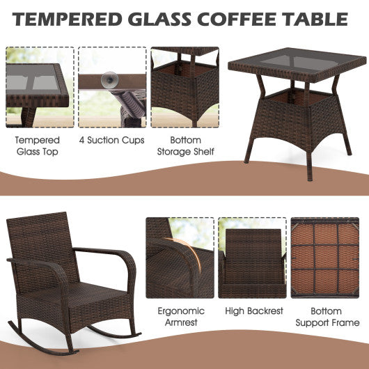 3 Pieces Outdoor Rocking Set with Tempered Glass Coffee Table for Backyard Poolside-Black