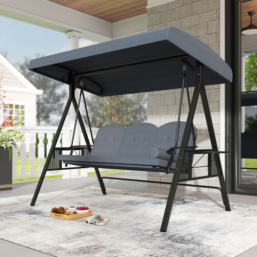 3-Seat Patio Swing Chair Porch Swing with Adjustable Canopy Thickened Cushions Pillow and Foldable Side Trays-Grey