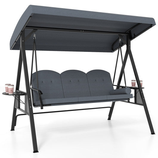 3-Seat Patio Swing Chair Porch Swing with Adjustable Canopy Thickened Cushions Pillow and Foldable Side Trays-Grey
