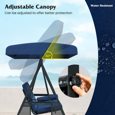 3-Seat Patio Swing Chair Porch Swing with Adjustable Canopy Thickened Cushions Pillow and Foldable Side Trays-Navy