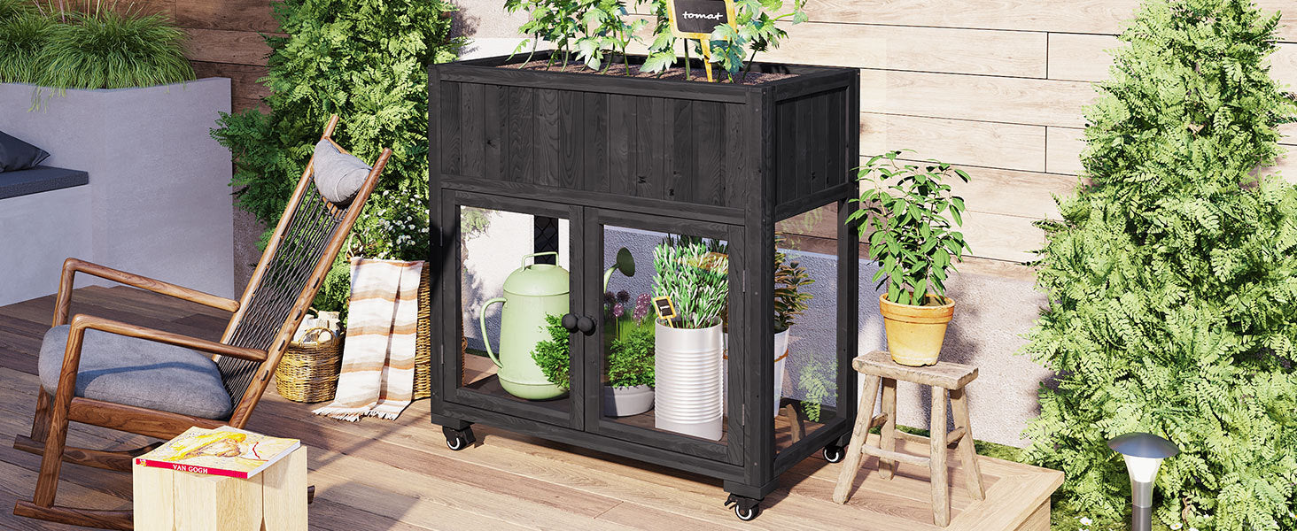 Patio 35.4''x17.7''x37.4'' Mini Wood Cold Frame, Compact 2 Doors Garden Greenhouse with Wheels, Raised Bed with Liner for Indoor Outdoor Use, Black