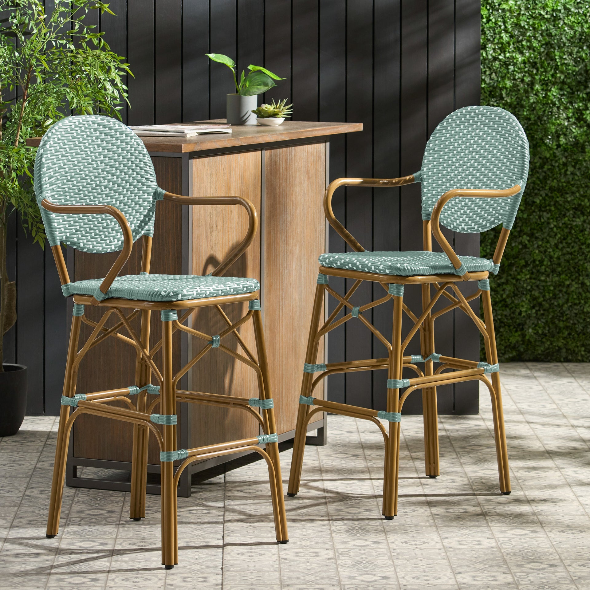 Outdoor Wicker and Aluminum 29.5' French Barstools, Set of 2, Teal, Bamboo Print Finish
