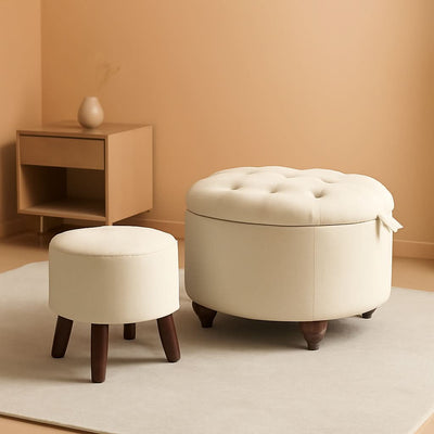 24 Inch Round Beige Storage Ottoman Removable TopWith Storage