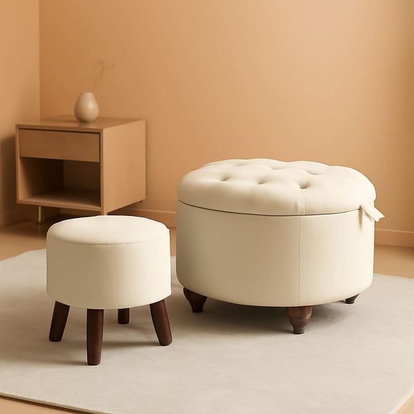 24 Inch Round Beige Storage Ottoman Removable TopWith Storage