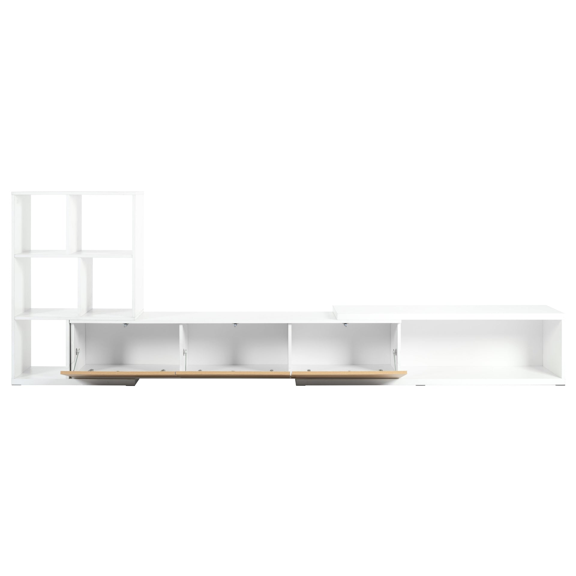 Interior view of open storage compartments in Extendable TV Stand with 3 Tier Bookshelves, designed for easy access and organization.