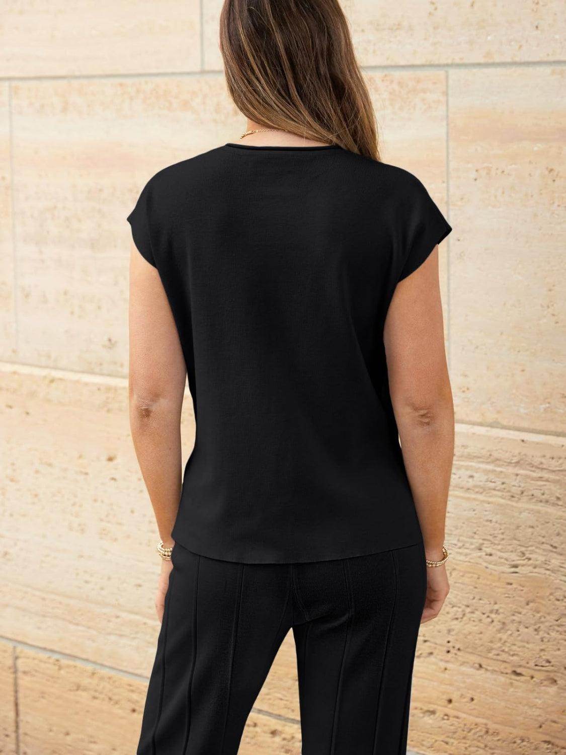 Round Neck Cap Sleeve Top and Pants Knit Set for Women