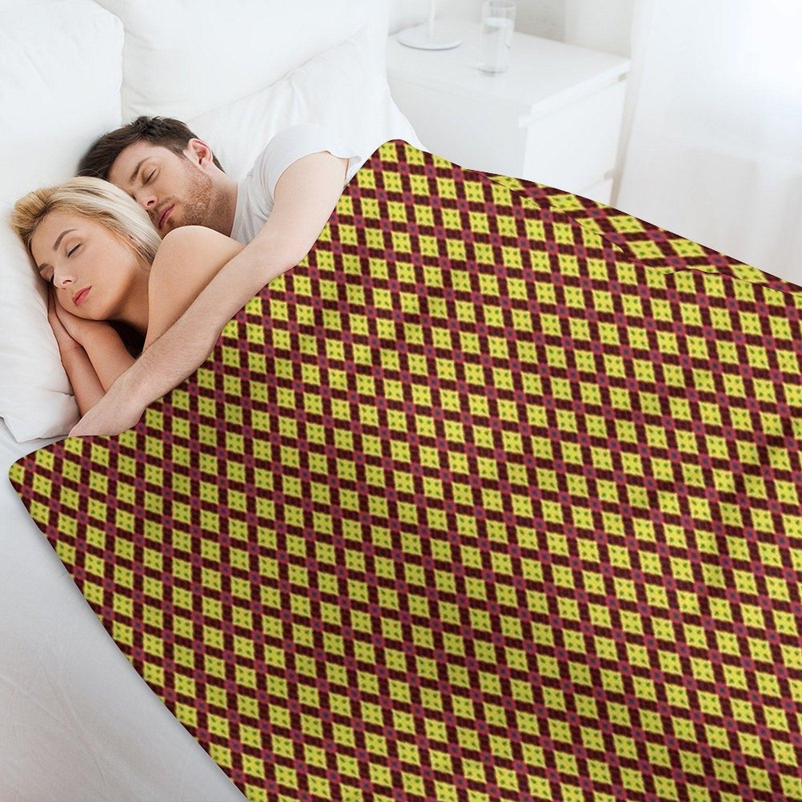 Golden Diamond Medallions Red Flowers Throw Blanket