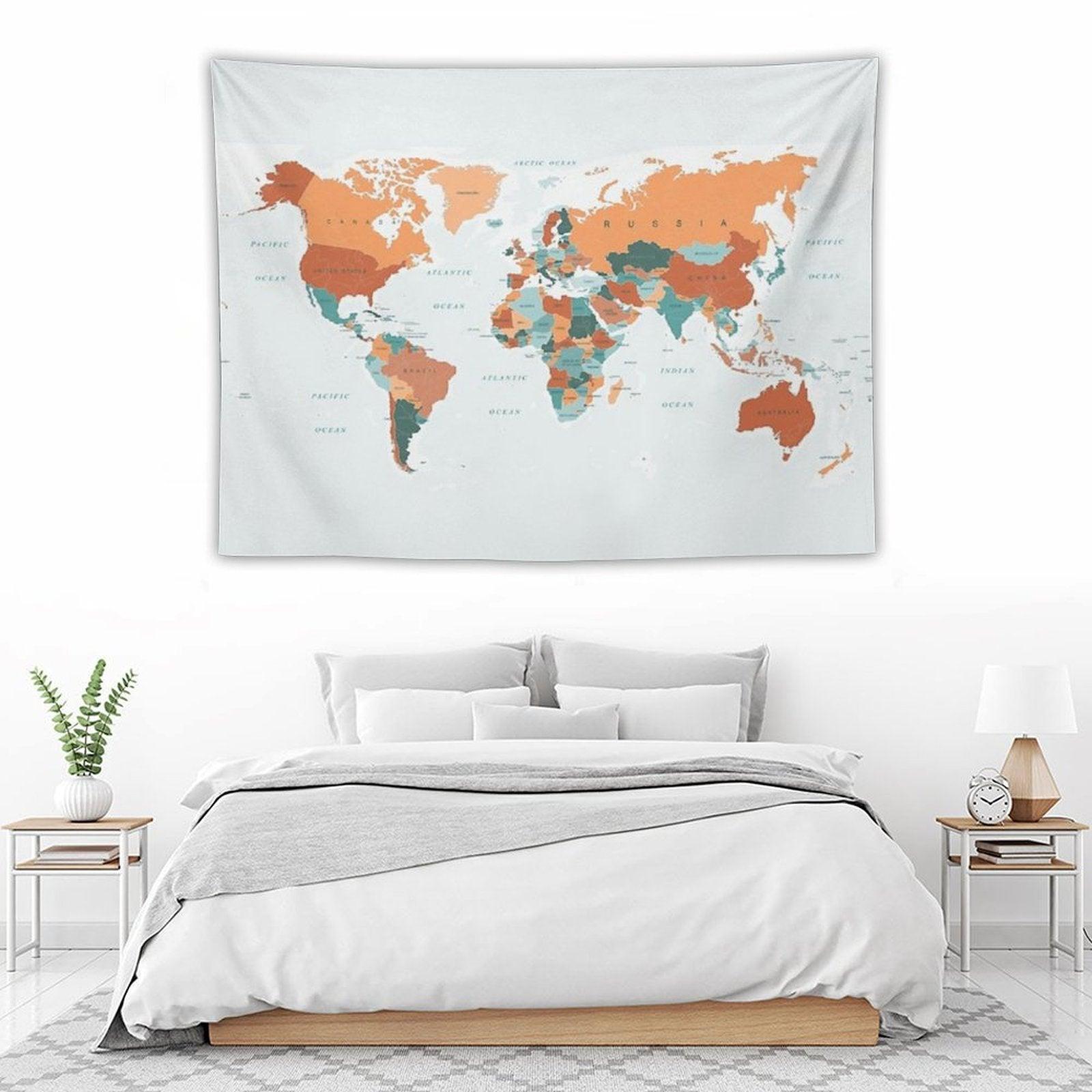 Map of The World in Burnt Orange And Teal Tapestry