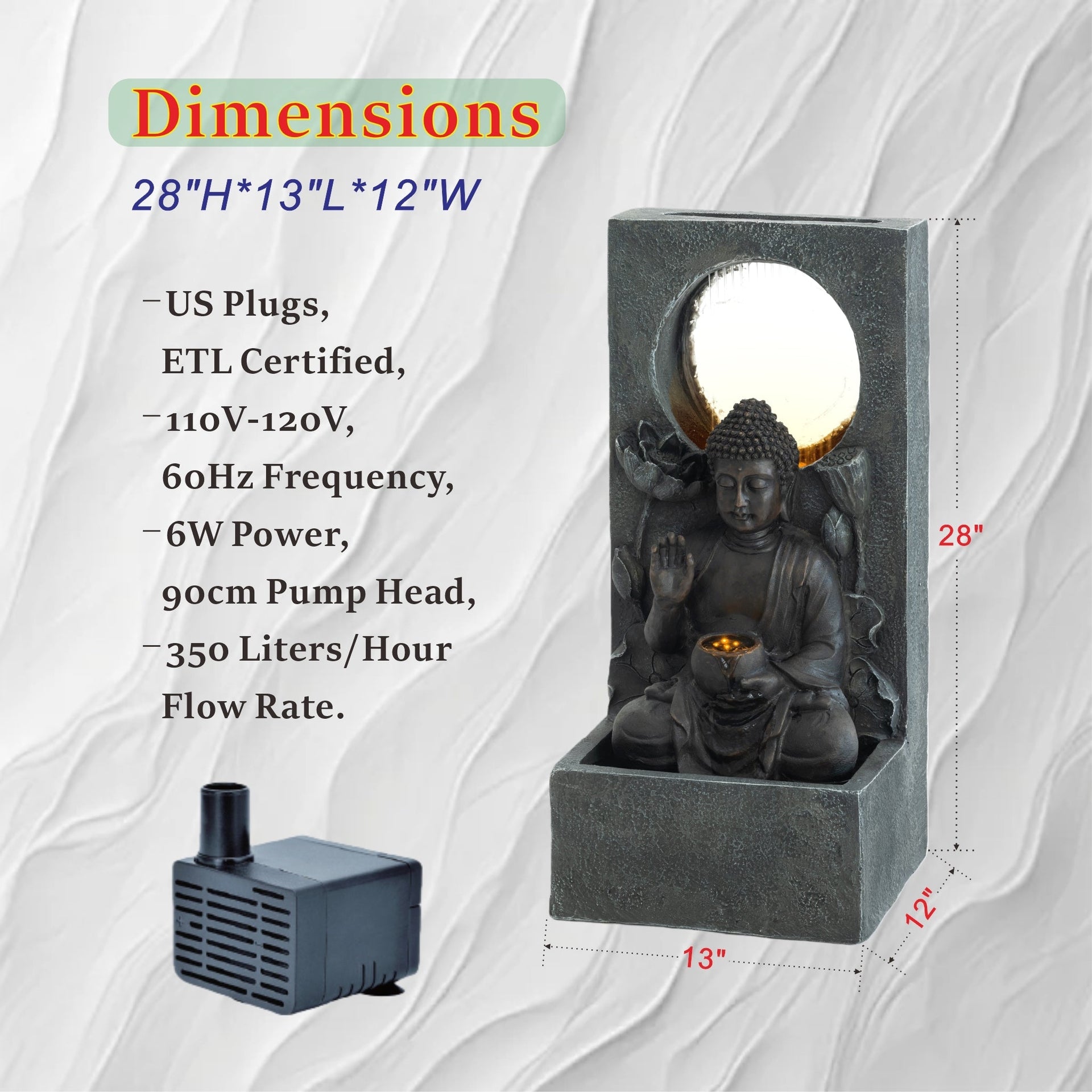 Resin Buddha Wall Panel Outdoor Fountain 28 Inch LED