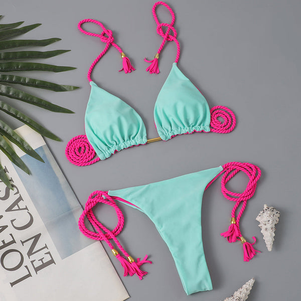 New Festival Flame Halter Bikini Set for Women – Triangle V-Neck Backless Two-Piece Swimsuit with Tie Side Bottoms & Adjustable Lace-Up Fit – Sleek Polyamide Swimwear for Koningsdag/King’s Day & Summer Beach Celebrations