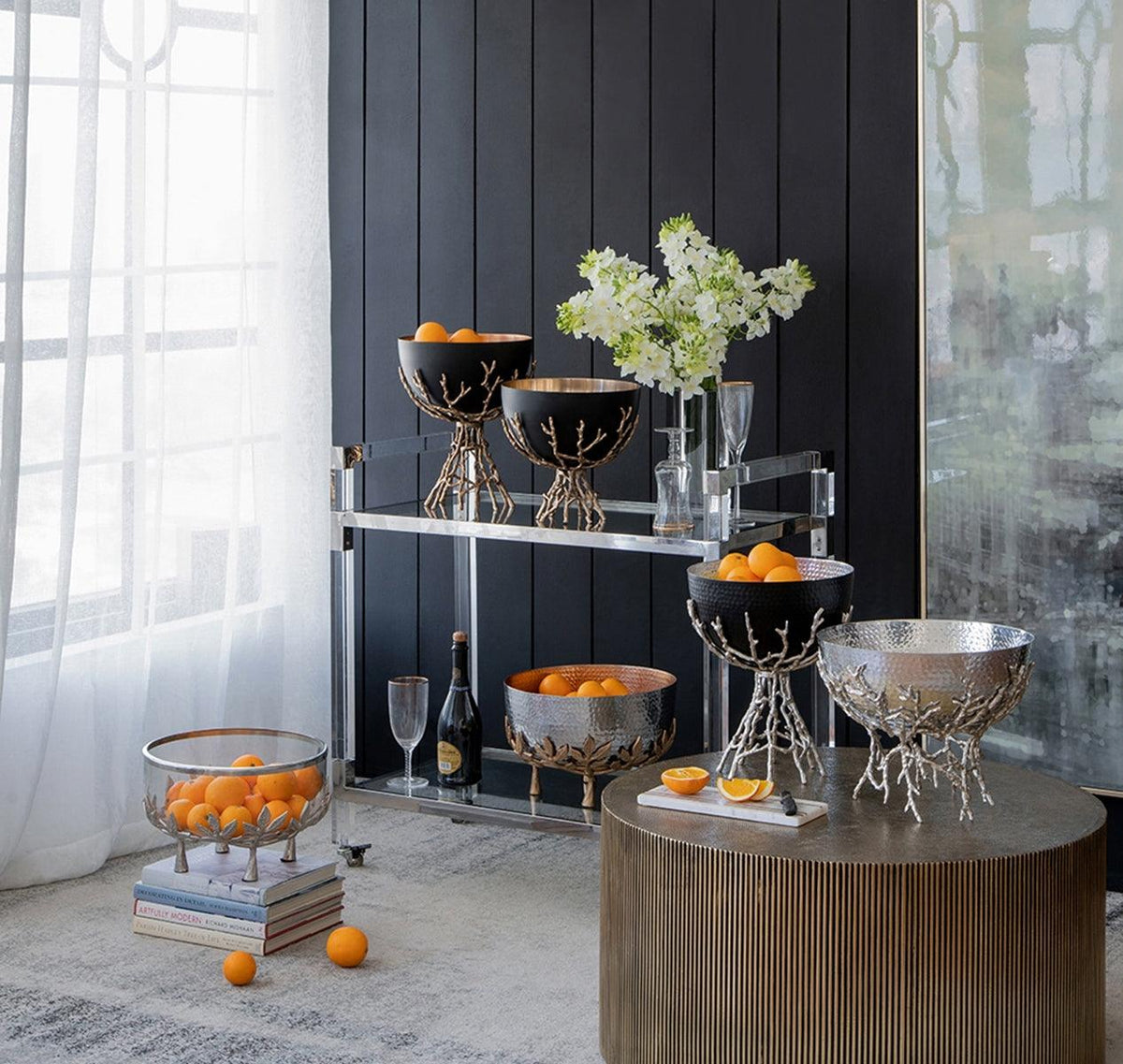 Silver Aluminum Decorative Pedestal Bowl with Sculptural Branch Base – Modern Centerpiece