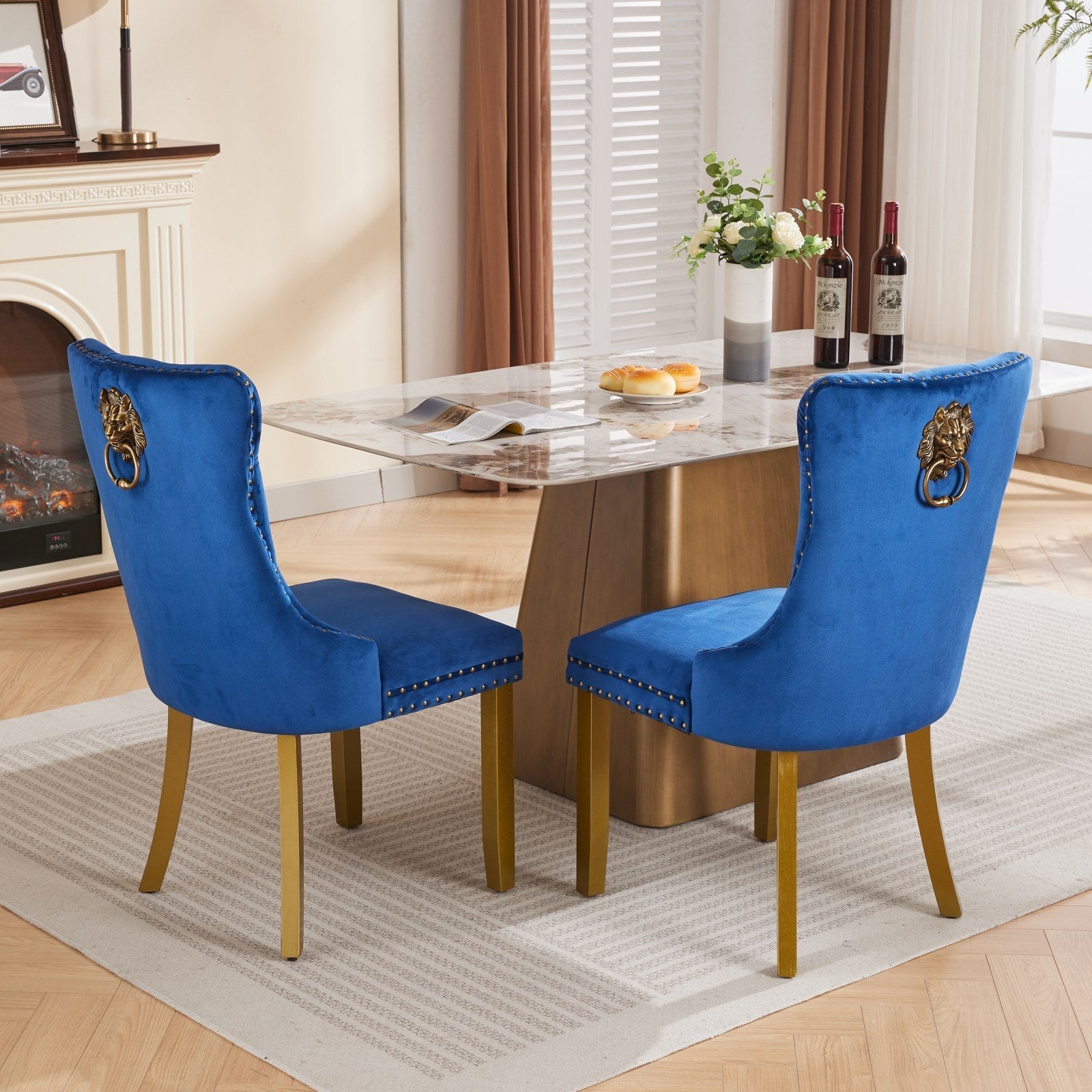 Mid-Century Modern Tufted Solid Wood Velvet Dining Chair with Lion Head Pull Ring