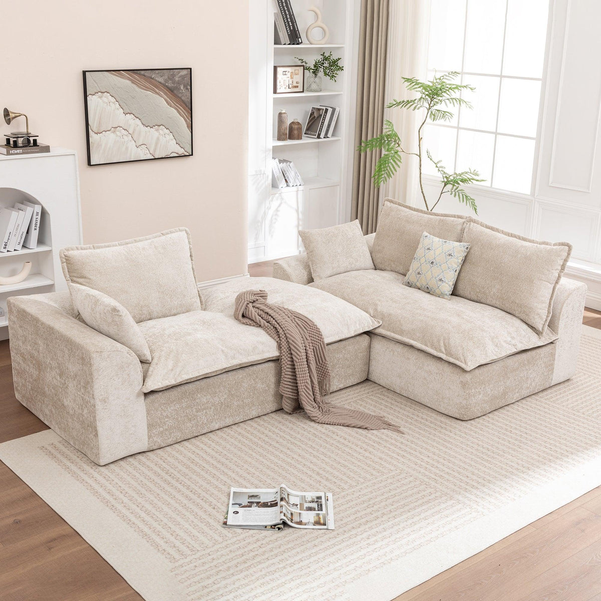Ivory Chenille L‑Shaped Modular Sectional Compressed Sofa