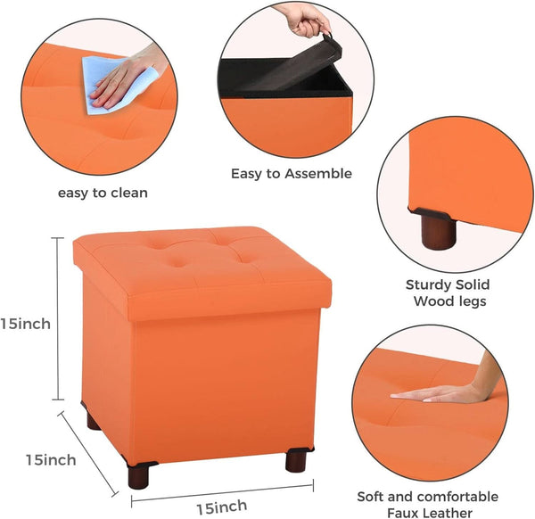 Orange Faux Leather Storage Ottoman With Wooden Tray