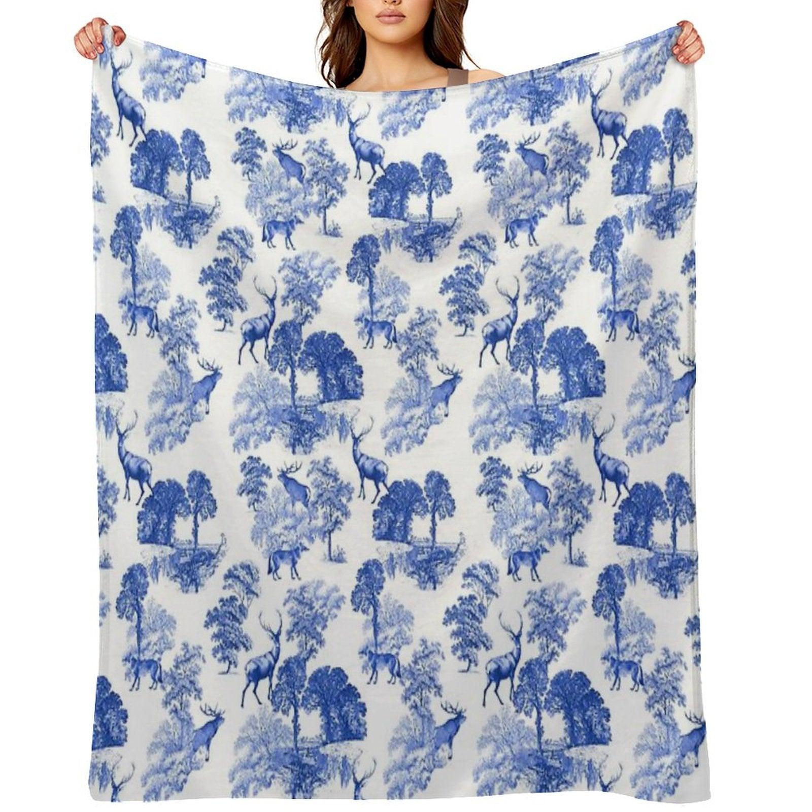 Elegant Vintage Blue Toile Deer in Woodland Throw Blanket