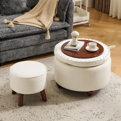 24 Inch Round Beige Storage Ottoman Removable TopWith Storage