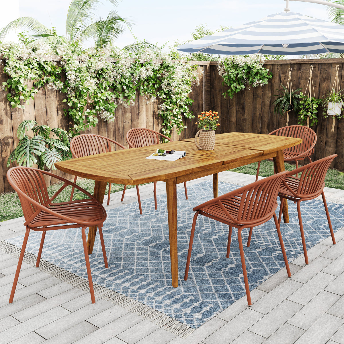 7 Pieces Outdoor Modern Expandable Dining Set with Stackable Chair